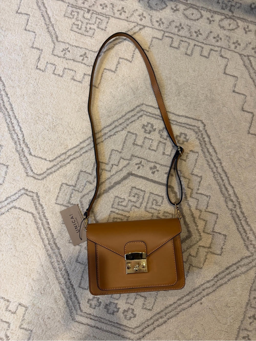 Unica Cognac/Tan Leather Crossbody with Gold Lock NWT